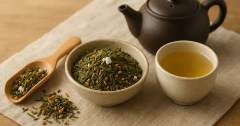 چای جنمایچا؛ چای سبز با برنج برشته کنار قوری و فنجان