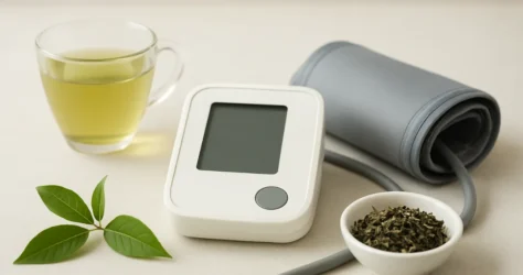 فنجان چای سبز کنار دستگاه فشارسنج خانگی