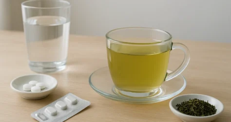 فنجان چای سبز کنار لیوان آب و قرص