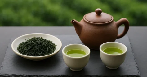 برگ‌های سوزنی تیره‌ی چای گیوکورو با قوری کوچک و دو فنجان چای سبز