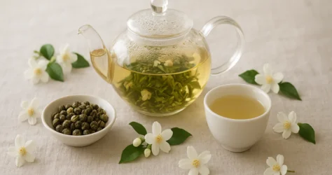 قوری شیشه‌ای چای سبز یاسمن با مرواریدهای یاسمن و گل‌های یاس