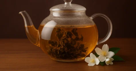برگ‌های گلوله‌ای اولانگ در حال باز شدن در قوری شیشه‌ای کنار گل یاس