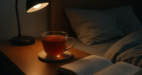 فنجان رویبوس قرمز کهربایی روی پاتختی کنار کتاب و چراغ مطالعه