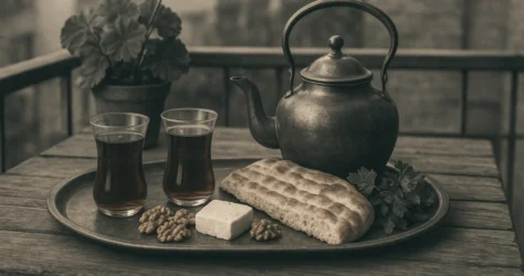 سینی عصرانه ایرانی با چای، نان بربری، پنیر و گردو روی بالکن