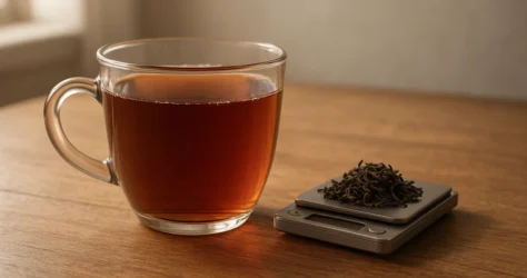 فنجان چای سیاه برگ کامل کنار ترازوی کوچک و چند گرم برگ چای