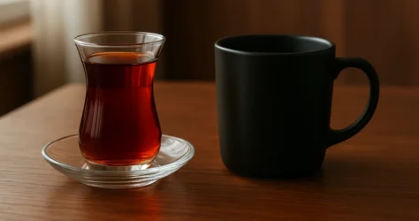 استکان چای سیاه و فنجان قهوه کنار هم روی میز چوبی