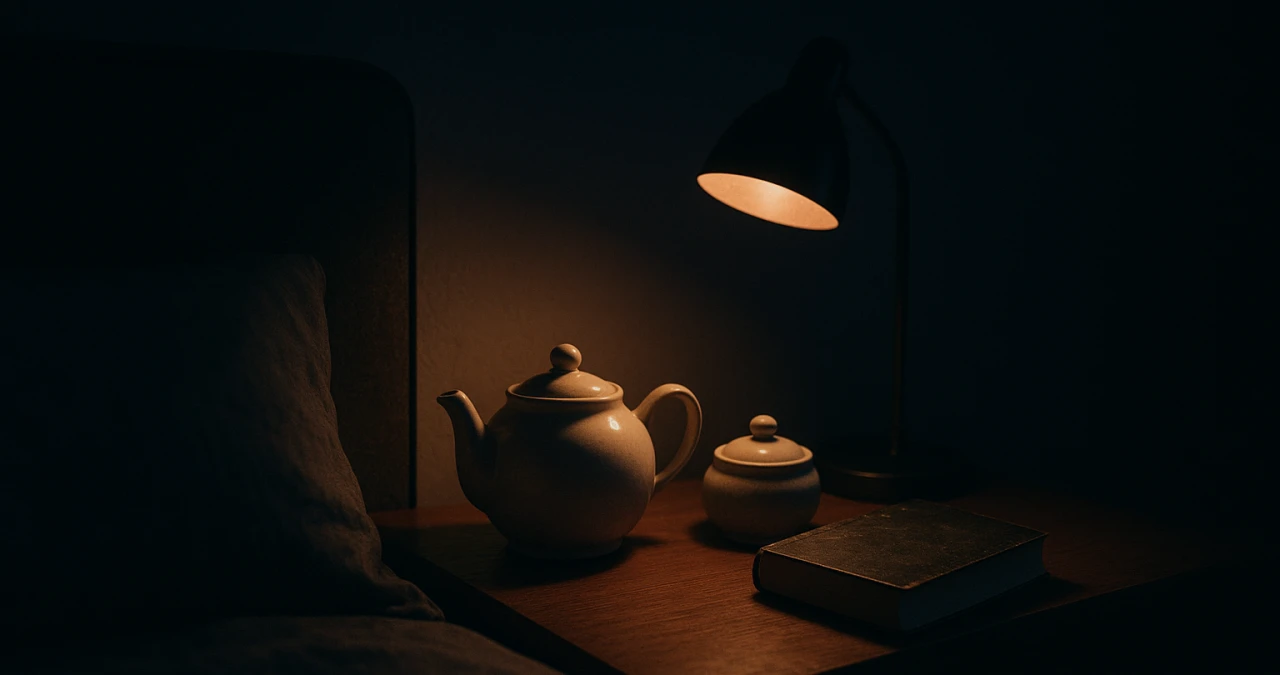قوری چای و کتاب کنار تخت در نور چراغ مطالعه