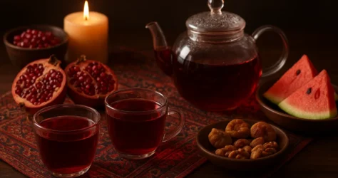 میز شب یلدا با چای قرمز چای ترش و انار، هندوانه و آجیل